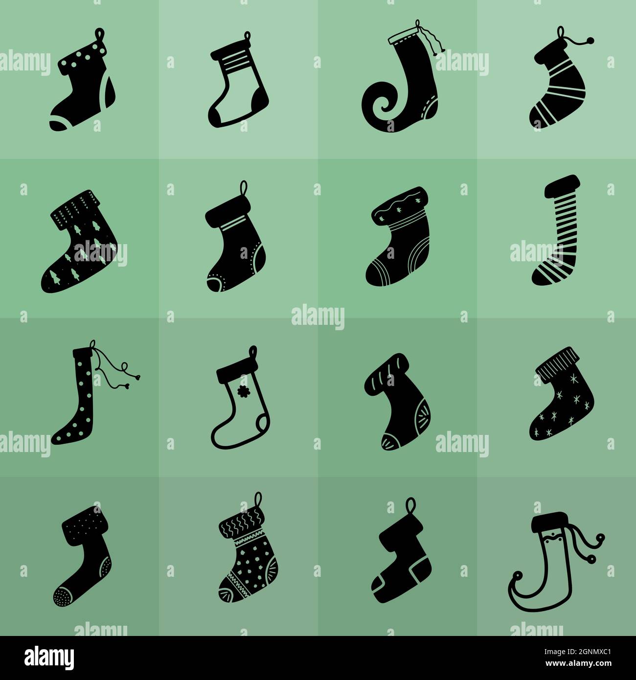 Christmas Stocking seamless pattern green Santa Claus Socks illustration graphic design element set. Black Xmas sock gift present footwear. Calligraph Stock Vector
