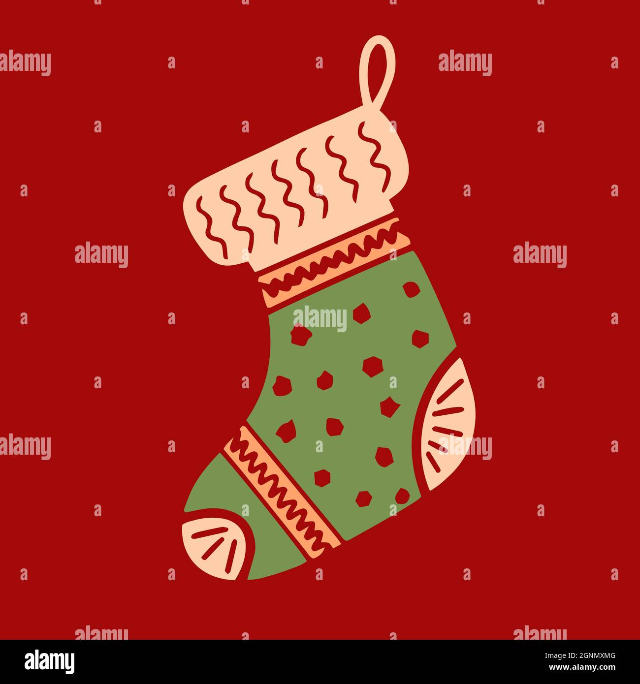 Hand drawn Decorative Christmas Stocking hanging New year decorations for gifts. Santa Claus socks vector illustration. Traditional stylish winter art Stock Vector