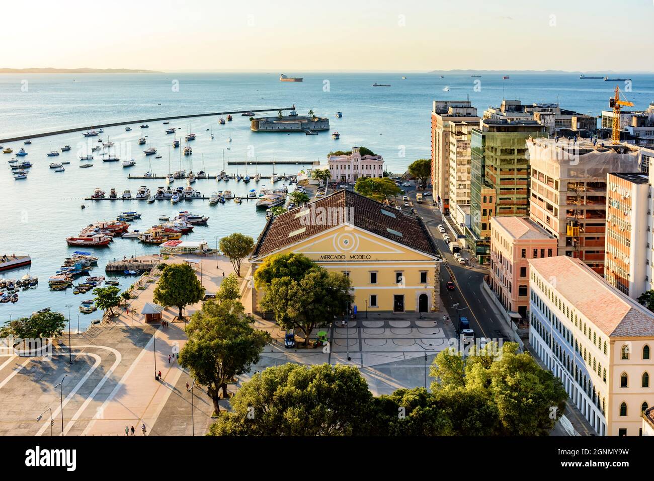 Top view of the famous Market Model, All Saints bay and harbour in the city of Salvador, Bahia at dusk Stock Photo