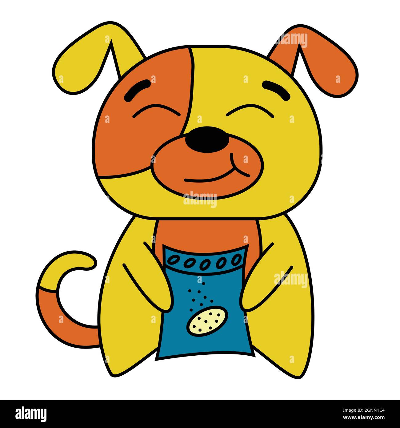 Cartoon dog sticker. Dog chewing dry food from package, cute mascot