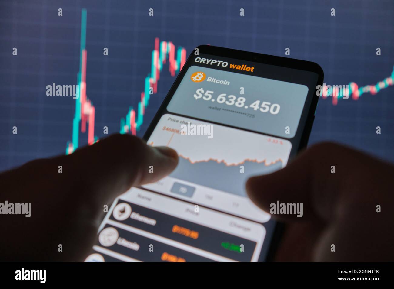 Smartphone with mobile application cryptocurrency wallet. A man analyzes  the price chart for bitcoin in a mobile application. The concept of  cryptocur Stock Photo - Alamy