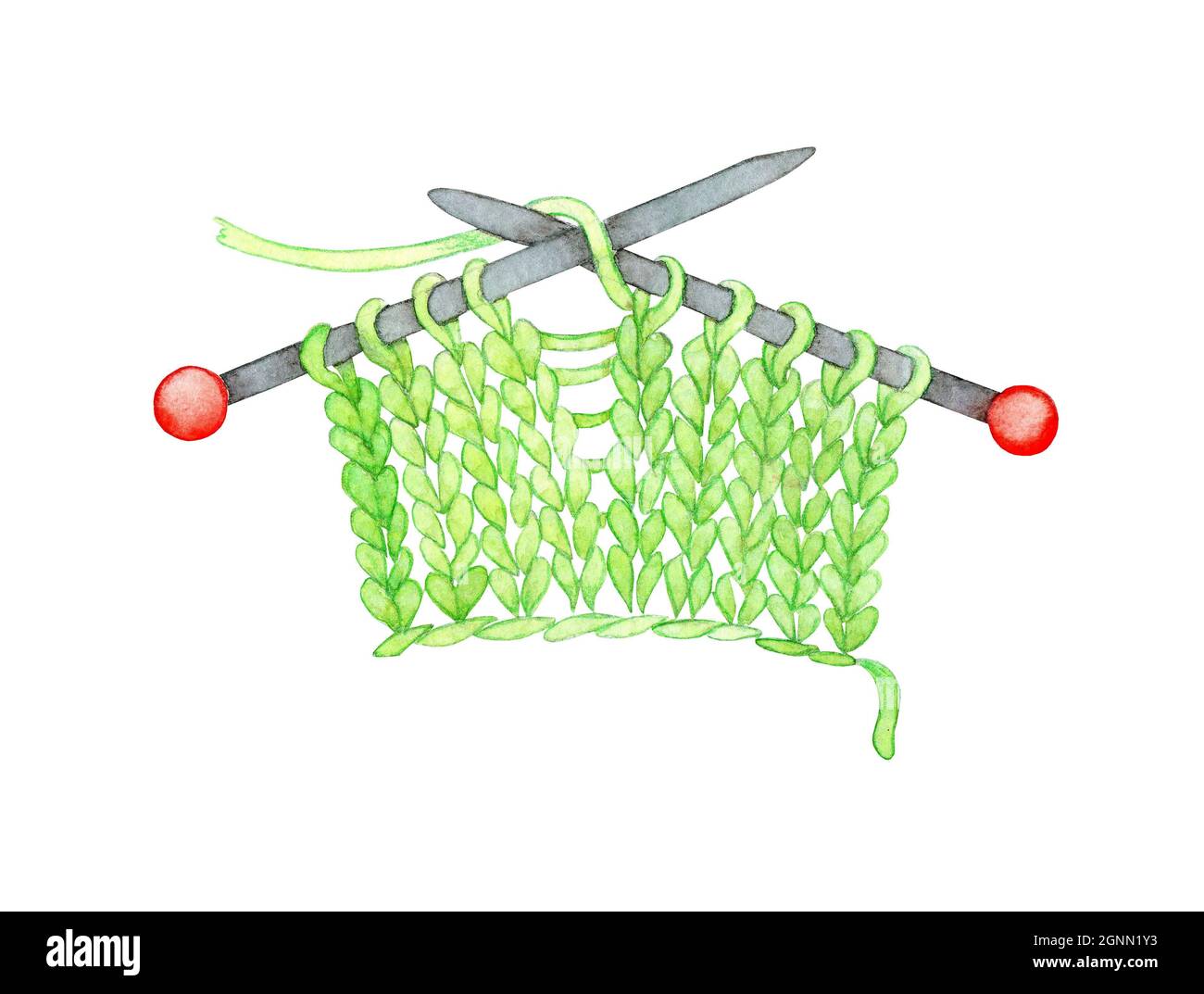 Watercolor illustration of knitted green fabric on knitting needles