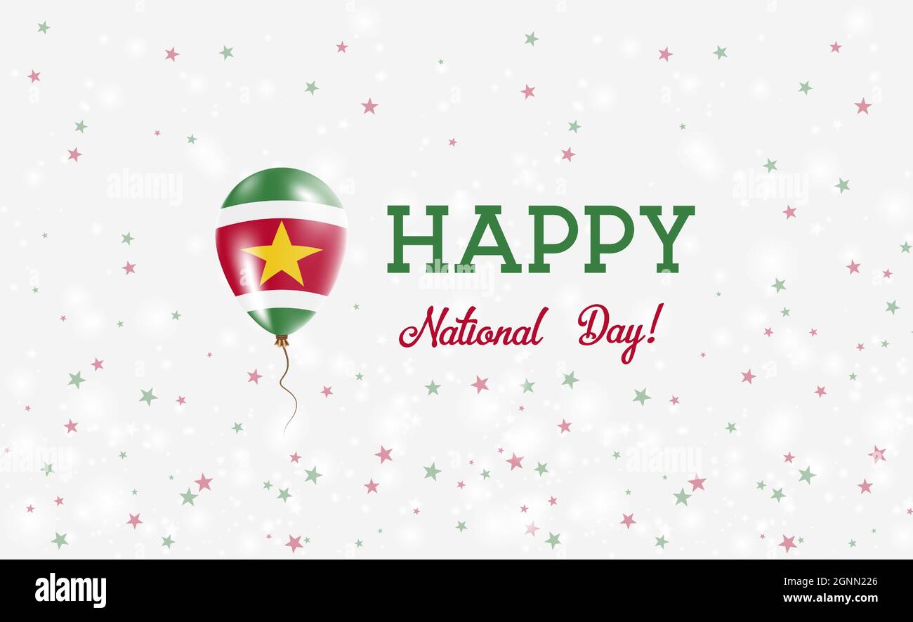 Suriname National Day patriotic poster. Flying Rubber Balloon in Colors of the Surinamer Flag. Suriname National Day background with Balloon, Confetti Stock Vector