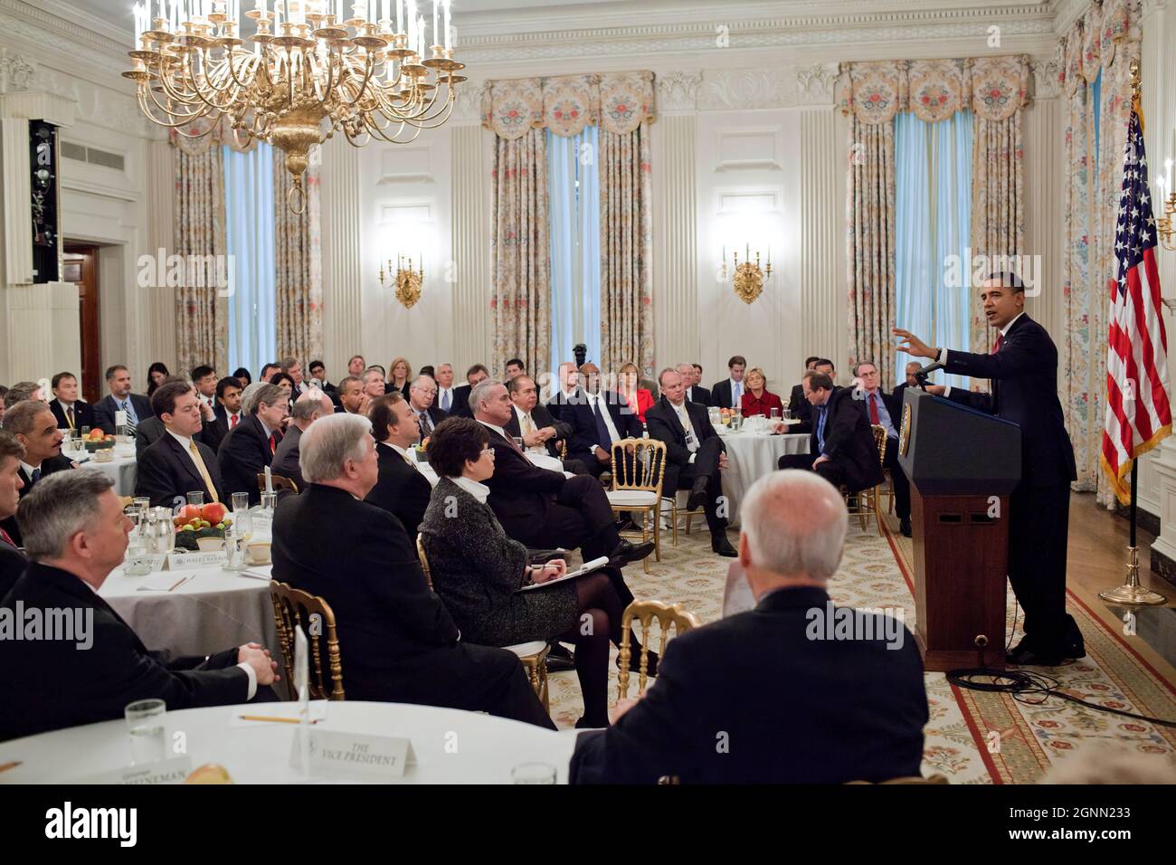 President Barack Obama answers questions during a meeting with a bipartisan group of governors in the State Dining Room of the White House, Feb. 28, 2011. (Official White House Photo by Pete Souza) This official White House photograph is being made available only for publication by news organizations and/or for personal use printing by the subject(s) of the photograph. The photograph may not be manipulated in any way and may not be used in commercial or political materials, advertisements, emails, products, promotions that in any way suggests approval or endorsement of the President, the First Stock Photo