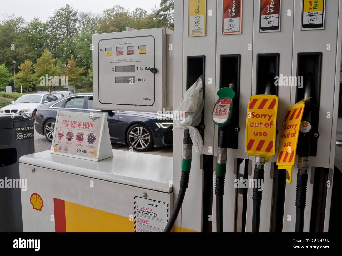 Empty petrol pumps at fuel station due to crisis shortage of HGV