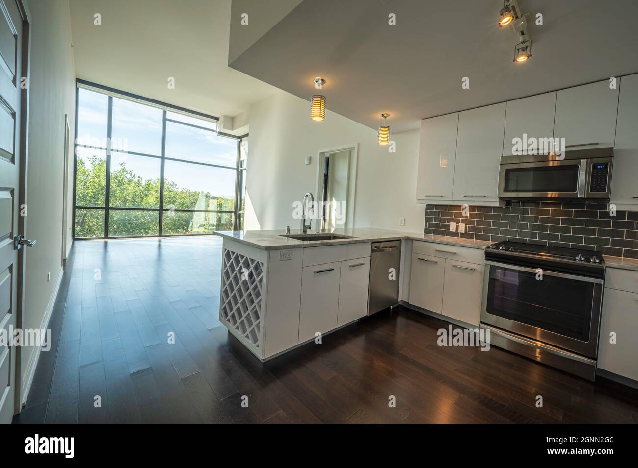 Kitchen and living room home interior with high ceilings and windows Stock  Photo - Alamy, image size:1300x955