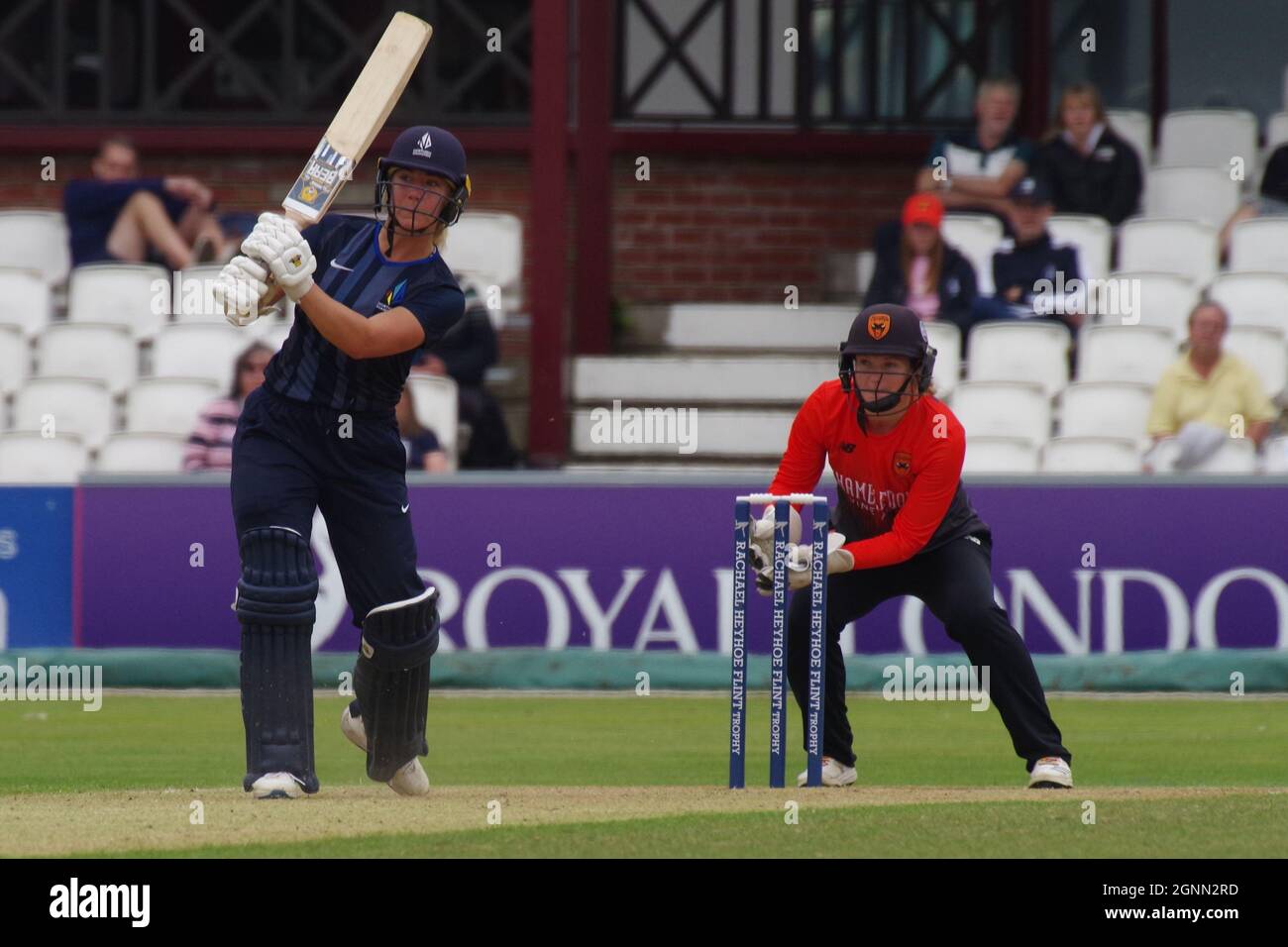 Northampton, England, 25 September 2021. Ami Campbell batting for Northern Diamonds against Southern Vipers in the Rachael Heyhoe Flint Trophy Final at the County Ground Northampton. Carla Rudd is keeping wicket. Credit: Colin Edwards Stock Photo