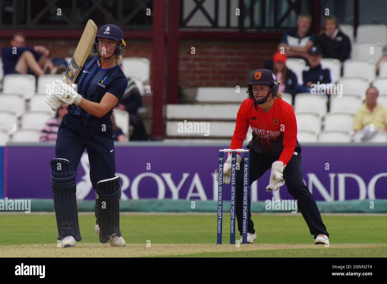 Northampton, England, 25 September 2021. Ami Campbell batting for Northern Diamonds against Southern Vipers in the Rachael Heyhoe Flint Trophy Final at the County Ground Northampton. Carla Rudd is keeping wicket. Credit: Colin Edwards Stock Photo