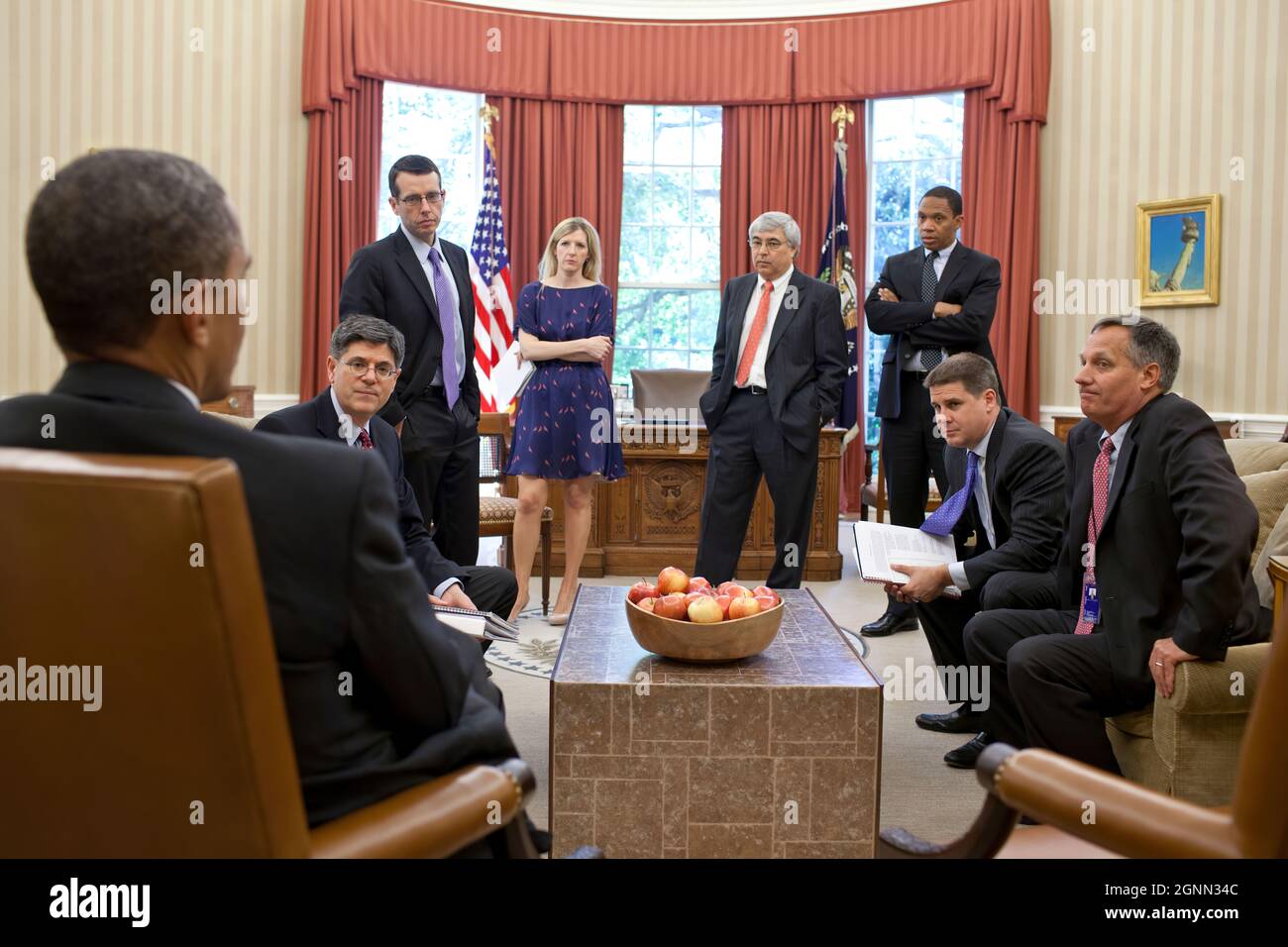 President Barack Obama meets with senior advisors in the Oval Office, June 15, 2012. Pictured, from left, are: Chief of Staff Jack Lew; Senior Advisor David Plouffe; Counsel to the President Kathryn Ruemmler; Counselor to the President Pete Rouse; Rob Nabors, Assistant to the President for Legislative Affairs; Director of Communications Dan Pfeiffer; and Mark Childress, Deputy Chief of Staff for Planning. (Official White House Photo by Pete Souza) This official White House photograph is being made available only for publication by news organizations and/or for personal use printing by the subj Stock Photo