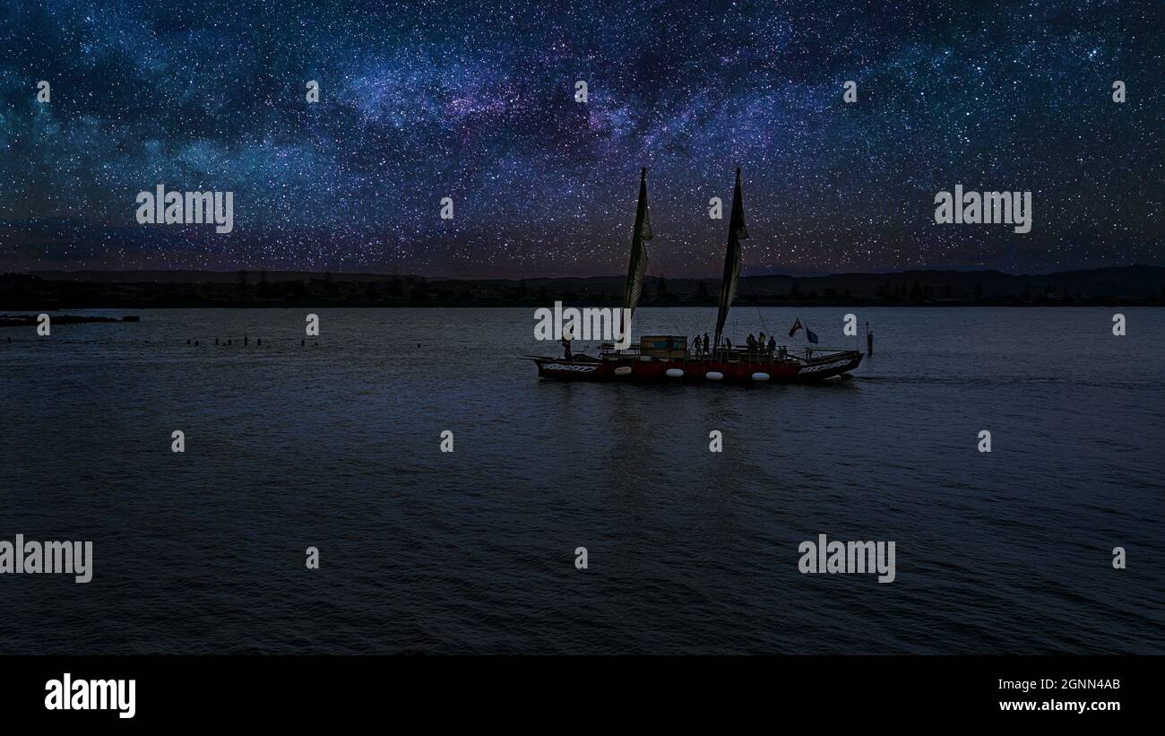 Maori's Boat Waka in Starry Night Stock Photo