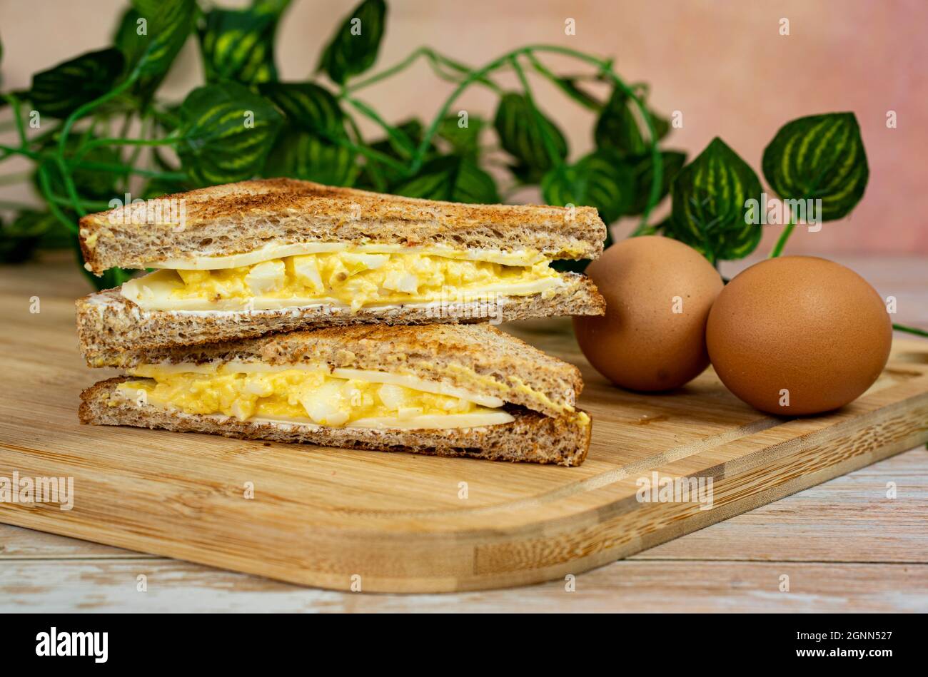 Simple egg sandwich for a healthy breakfast. Blurred background Stock