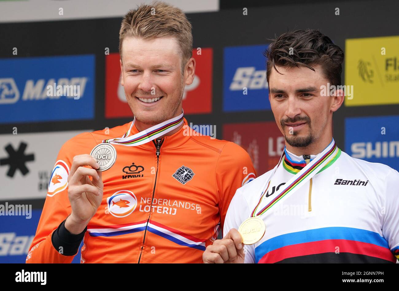 Dylan Van Baarle (NED) and Julian Alaphilippe (FRA) (FRA) (FRA) pictured on the podium of the road race of the UCI World Championships Road Cycling Flanders 2021 on Sunday 26 September 2021 at Leuven in Belgium. Photo by SCS/Soenar Chamid/AFLO (HOLLAND OUT) Stock Photo