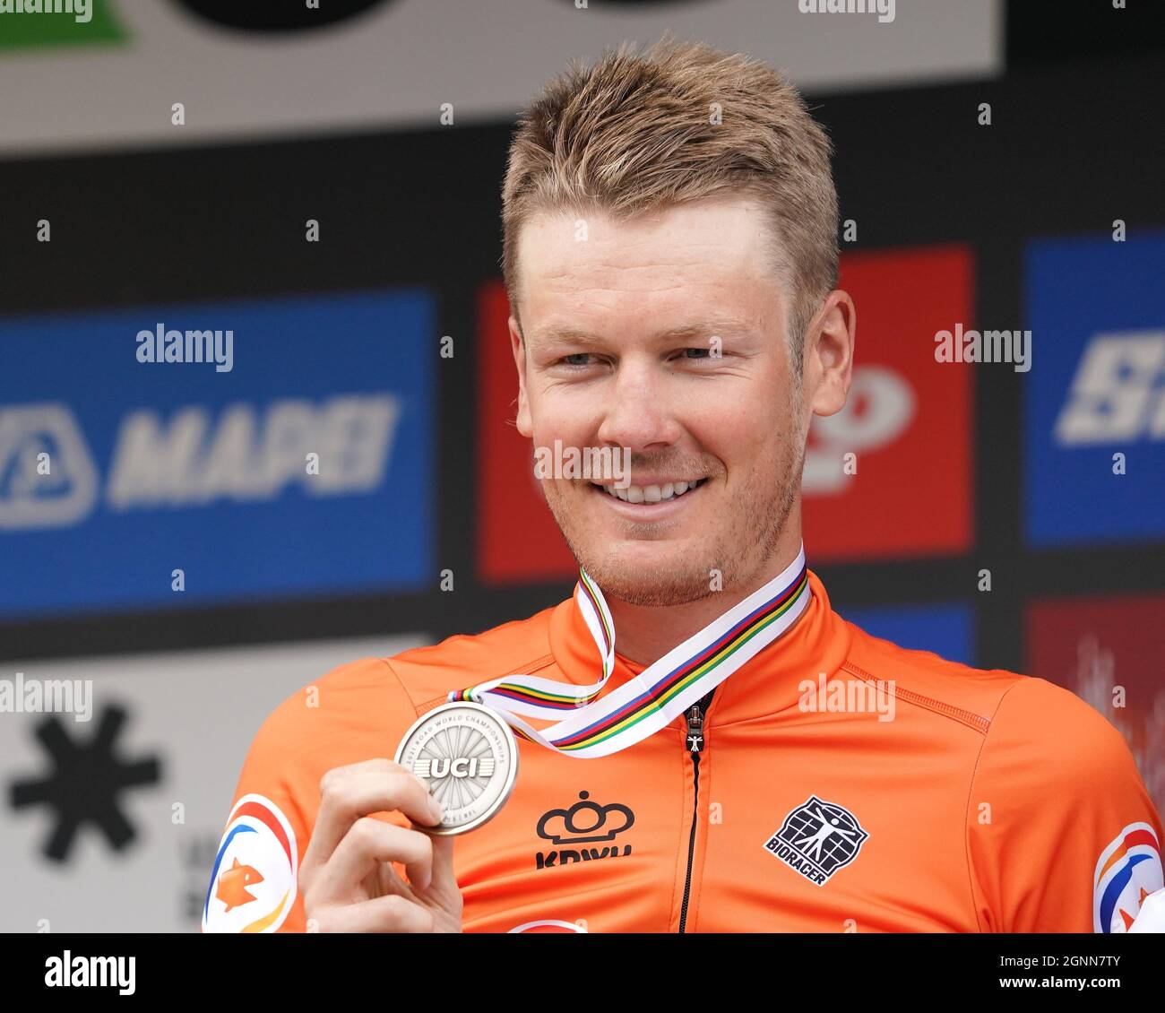 Dylan Van Baarle (NED) pictured on the podium of the road race of the UCI World Championships Road Cycling Flanders 2021 on Sunday 26 September 2021 at Leuven in Belgium. Photo by SCS/Soenar Chamid/AFLO (HOLLAND OUT) Stock Photo