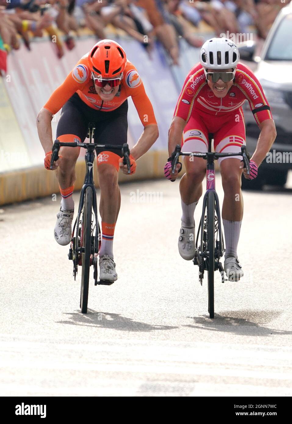 Dylan Van Baarle (NED) Michael Valgren Hundahl (DEN) pictured at the finish of the elite men road race of the UCI World Championships Road Cycling Flanders 2021 on Sunday 26 September 2021 at Leuven in Belgium. Photo by SCS/Soenar Chamid/AFLO (HOLLAND OUT) Stock Photo