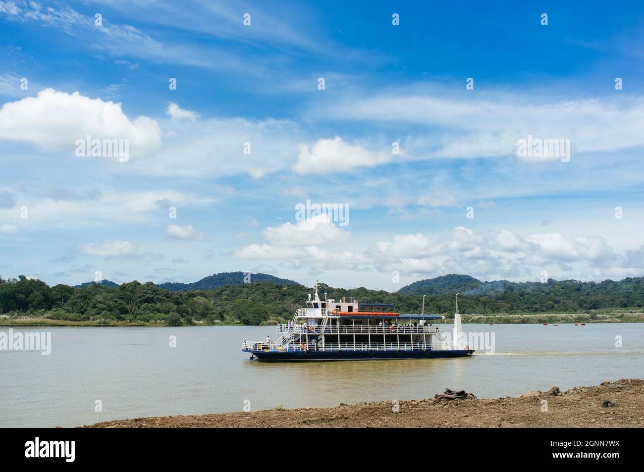 Panama Canal, Panama. September 25, 2021. Tourist ferry visiting the Panama Canal at the height of the Gamboa village. Stock Photo