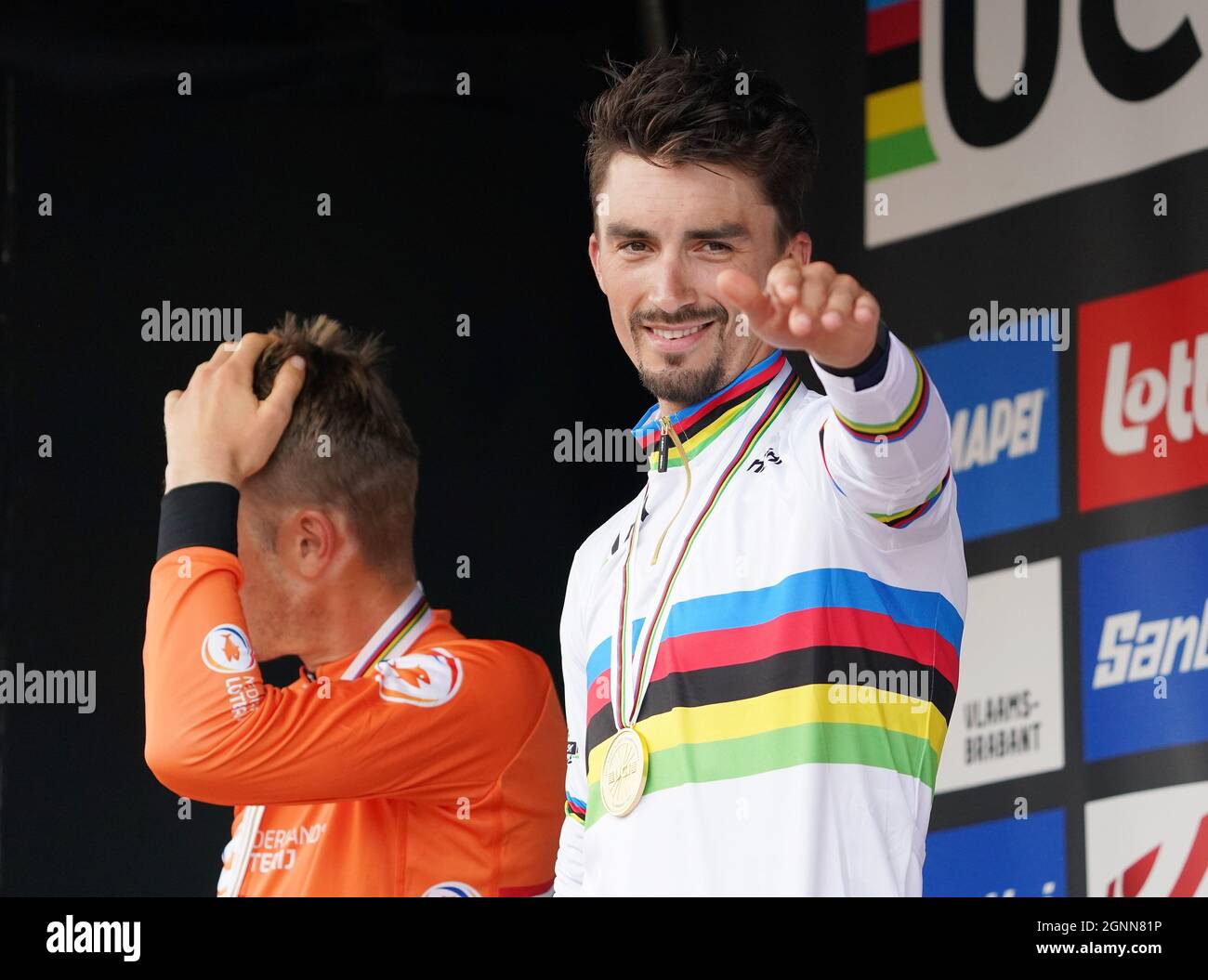 Dylan Van Baarle (NED) and Julian Alaphilippe (FRA) pictured on the podium of the road race of the UCI World Championships Road Cycling Flanders 2021 on Sunday 26 September 2021 at Leuven in Belgium. Photo by SCS/Soenar Chamid/AFLO (HOLLAND OUT) Stock Photo
