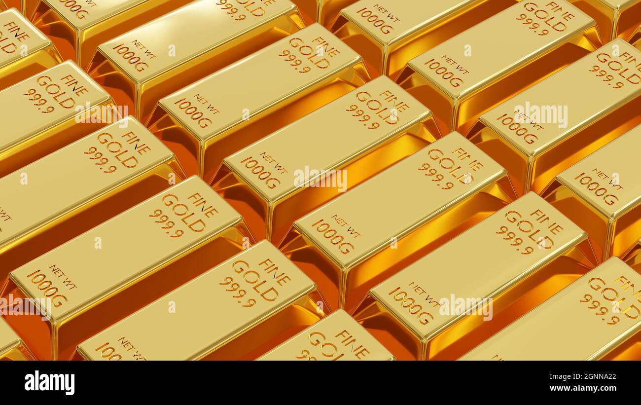 Gold bar or fine golden brick ingot weight of gold bars 1 kg background lined up a lot, success
