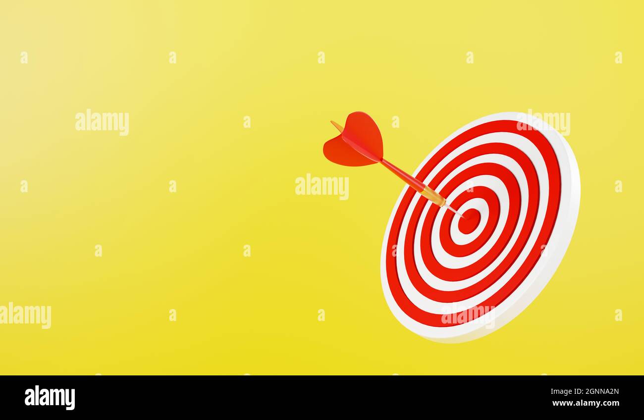 Dart arrow hitting to center on bullseye (bull’s-eye) dartboard is