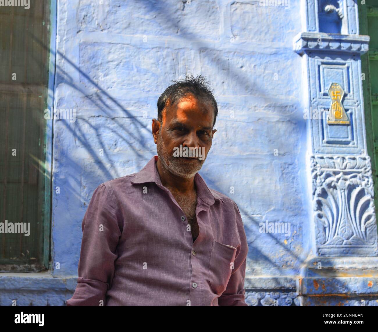 Jodhpur, India - Nov 7, 2017. Portrait of local man in the old part of Jodhpur, India. Jodhpur is a city in the Thar Desert of the northwest state of Stock Photo