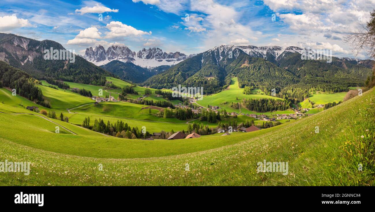 Dolomites Alp mountain panorama landscape at Santa Maddalena village in spring season, St. Magdalena Italy Stock Photo