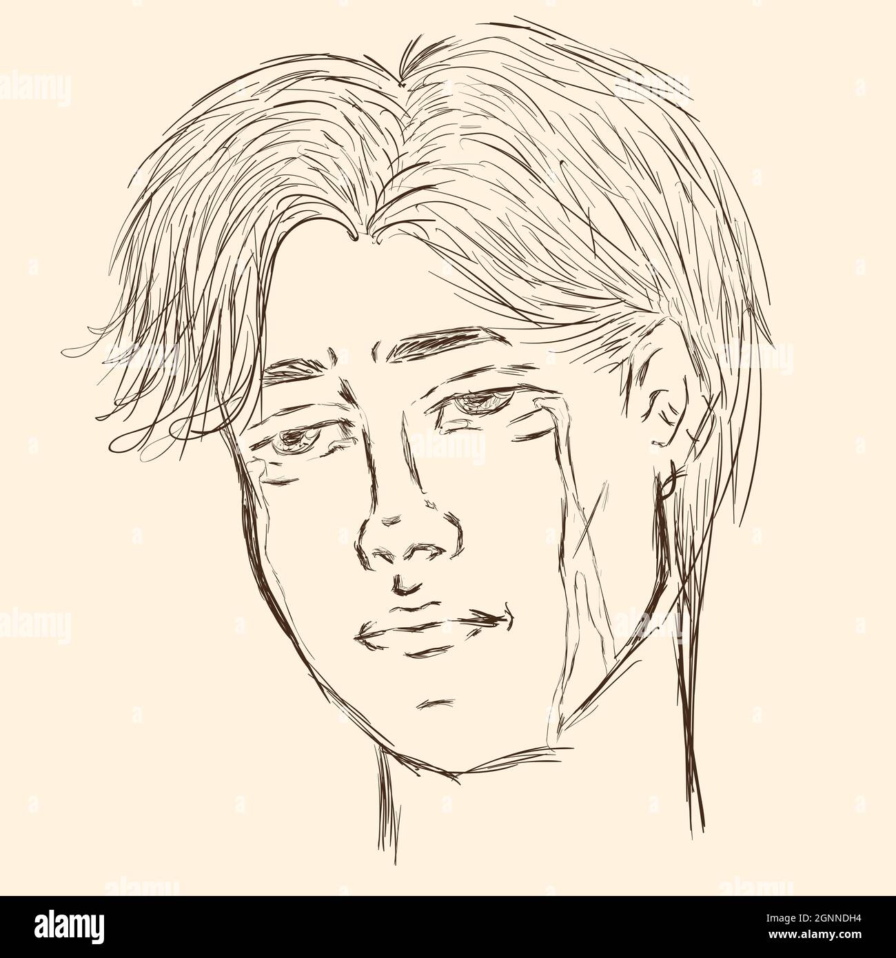 Drawing sketch sad crying guy with tears Stock Vector