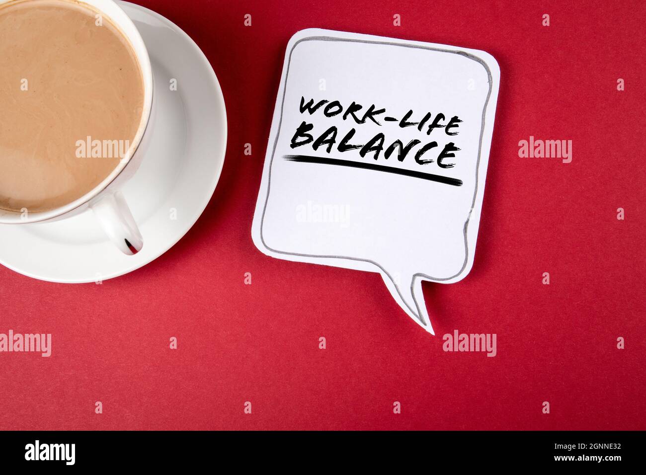 Work-Life Balance. Speech bubble and coffee mug on a red background ...
