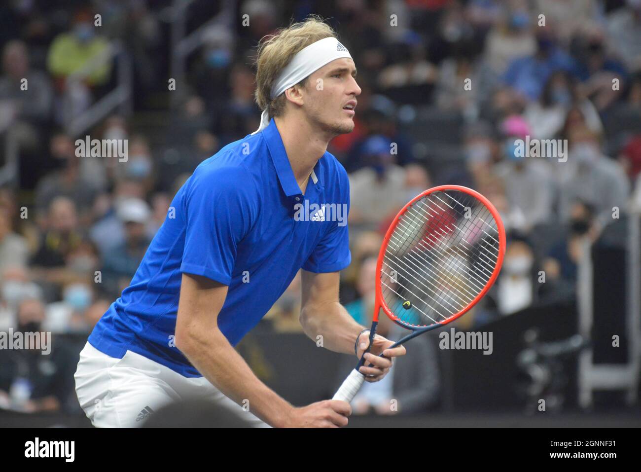 Boston, Massachusetts, USA. 26th Sep, 2021. The Sunday competition, day 3,  of the Laver Cup in Boston and victory ceremony. Alexander Zverev of Team  Europe in doubles match with Andrey Rublev vs.