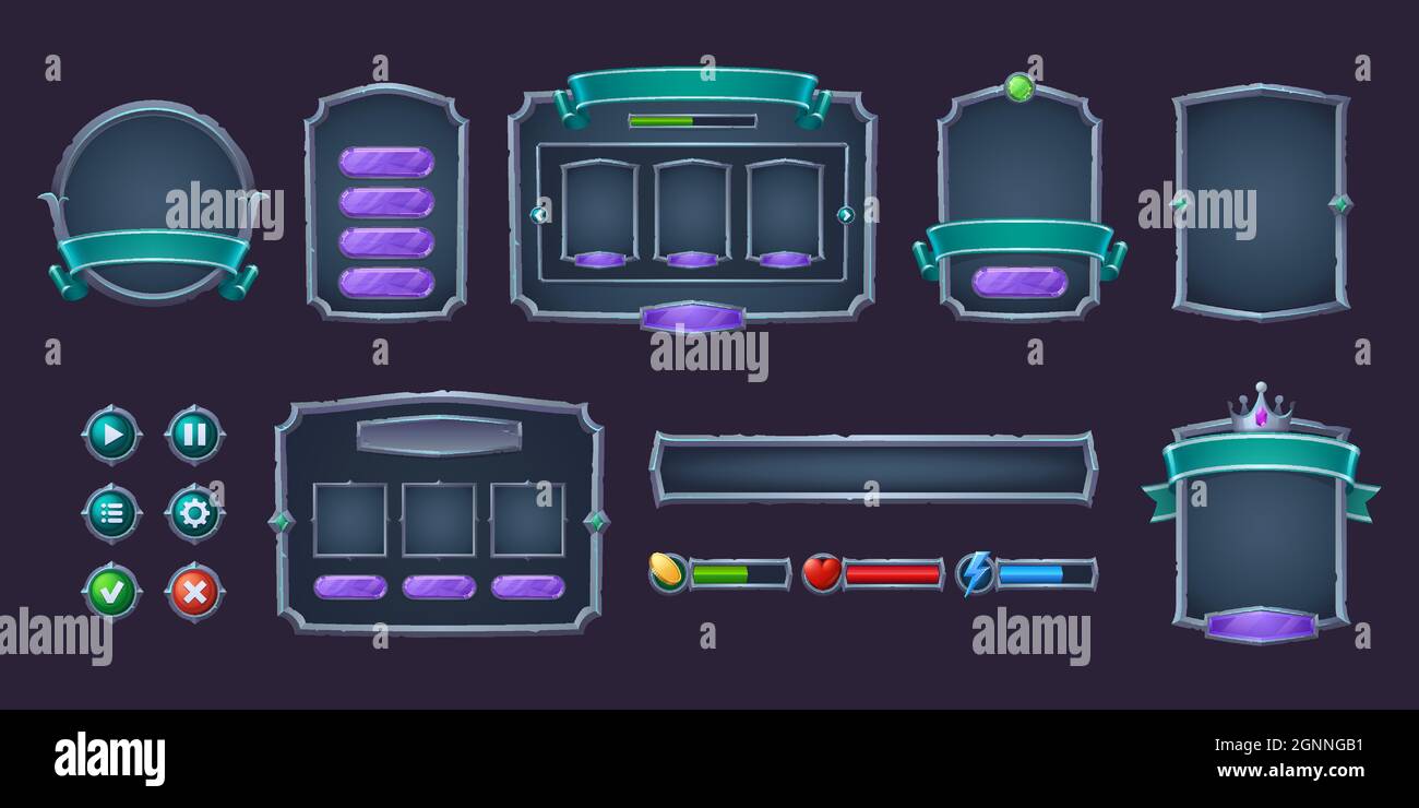 Game buttons and frames with metal border. Design elements and assets ...