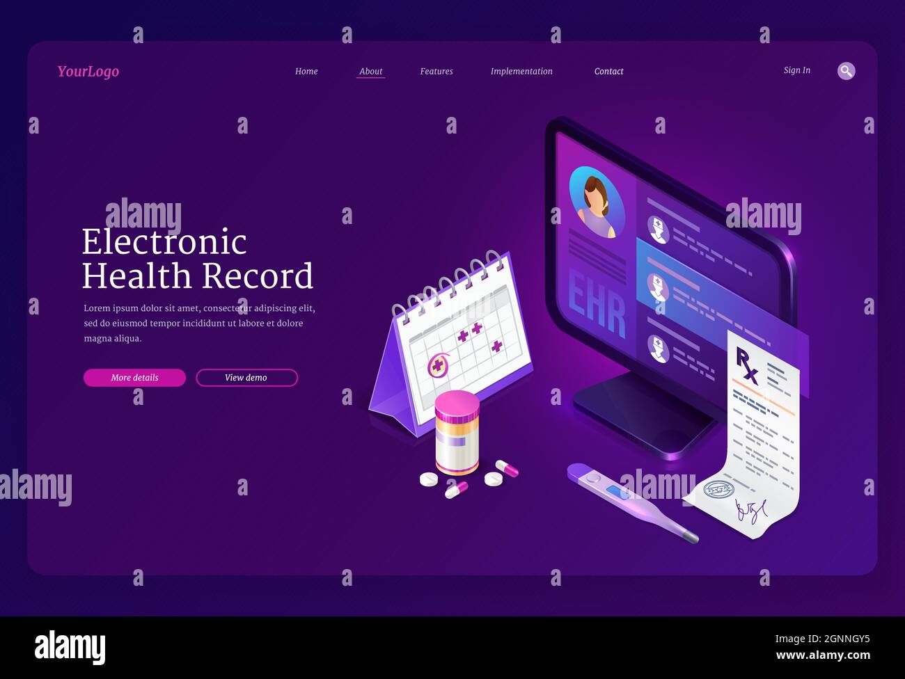 Ehr, electronic health record isometric landing page. Innovative medicine technology