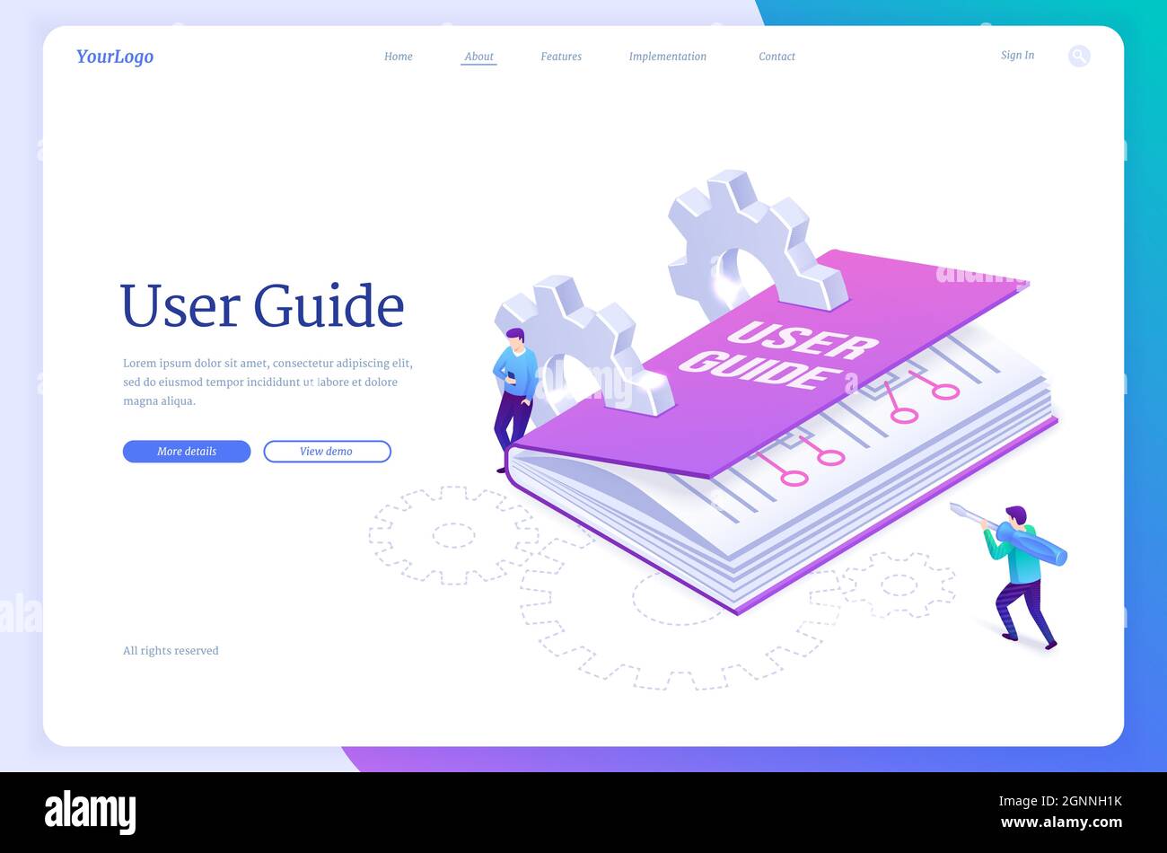 User guide isometric landing page, tiny people at huge manual book, guidance document with cogwheels, men use gadget and screwdriver. Instruction guidance booklet, tutorial help, 3d vector web banner Stock Vector
