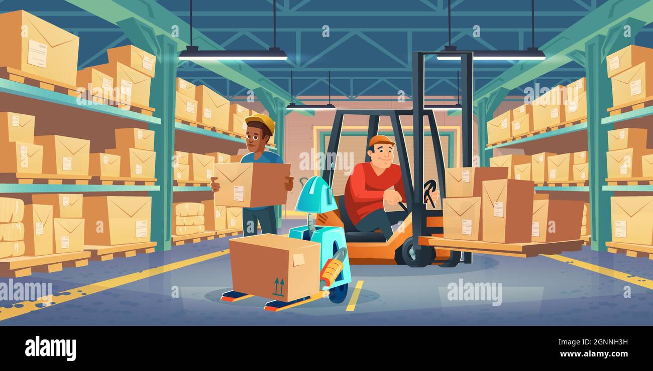 Warehouse with worker in forklift, man and robot holding cardboard boxes.  Vector cartoon illustration of storage