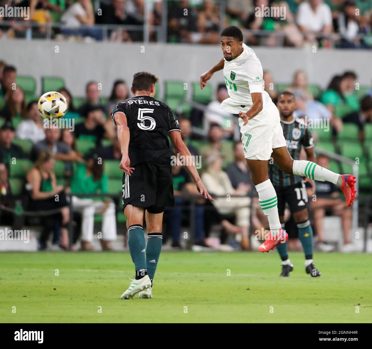 September 26, 2021: Austin FC forward McKenzie Gaines (27) watches his shot on goal for a score during an MLS match between Austin FC and the Los Angeles Galaxy on September 26, 2021 in Austin, Texas. (Credit Image: © Scott Coleman/ZUMA Press Wire) Stock Photo