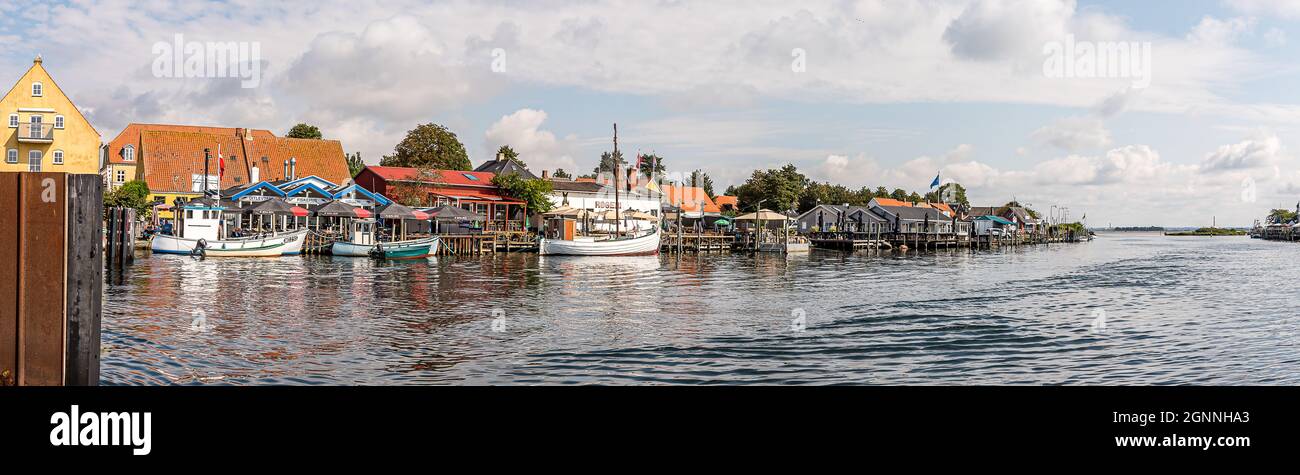 strait with fishing boats at Karrebæksminde, Denmark, August 7, 2021 Stock Photo