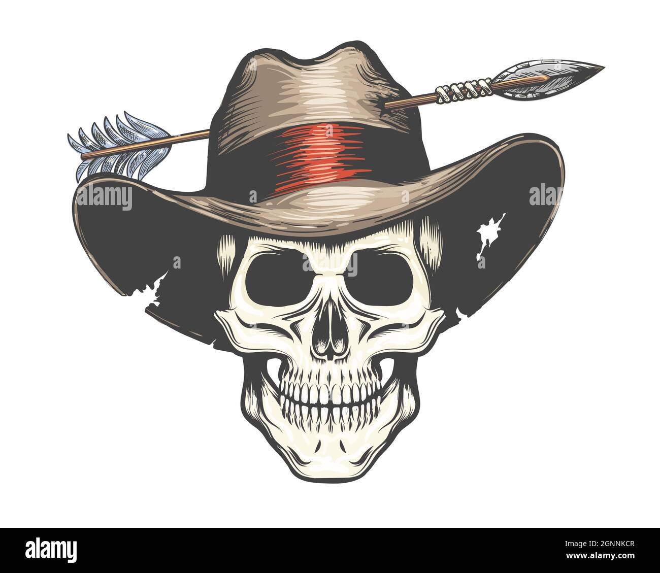 Human Skull in Arrow shot Cowboy Hat Colorful Tattoo. Vector illustration. Stock Vector