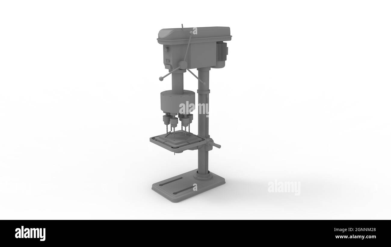 3D rendering of a column drill tool station. Pillar drill workshop instrument. Milling Tool computer model isolated Stock Photo