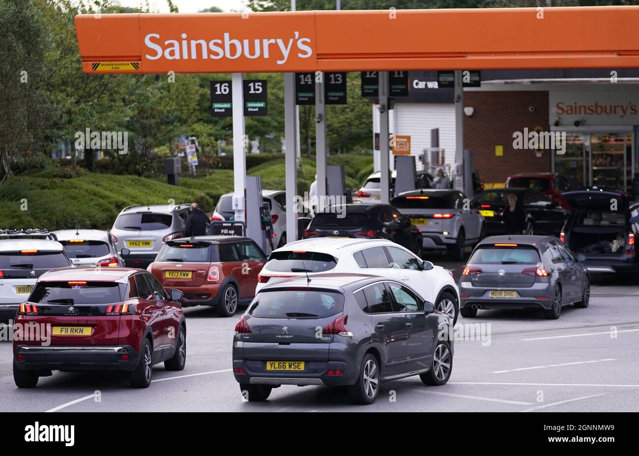 File photo dated 24/09/21 of queues at a Sainsbury's Petrol Station in Colton, Leeds. Consumers have learnt lessons from stockpiling over lockdown but more should be done to help them understand the effect they can have on supply chains, according to a sector expert. Issue date: Monday September 27, 2021. Stock Photo