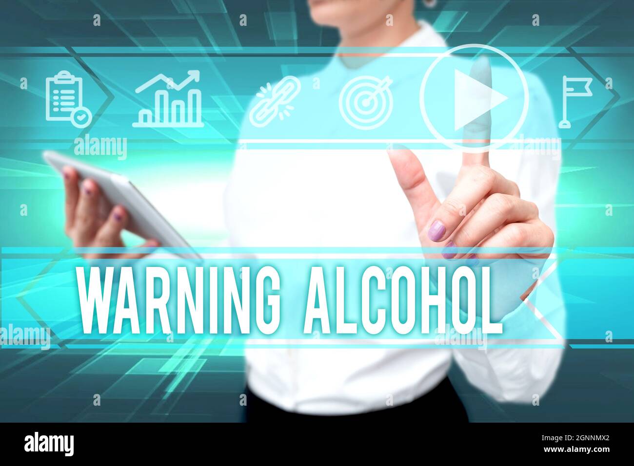 Sign displaying Warning Alcohol. Business showcase messages appear on