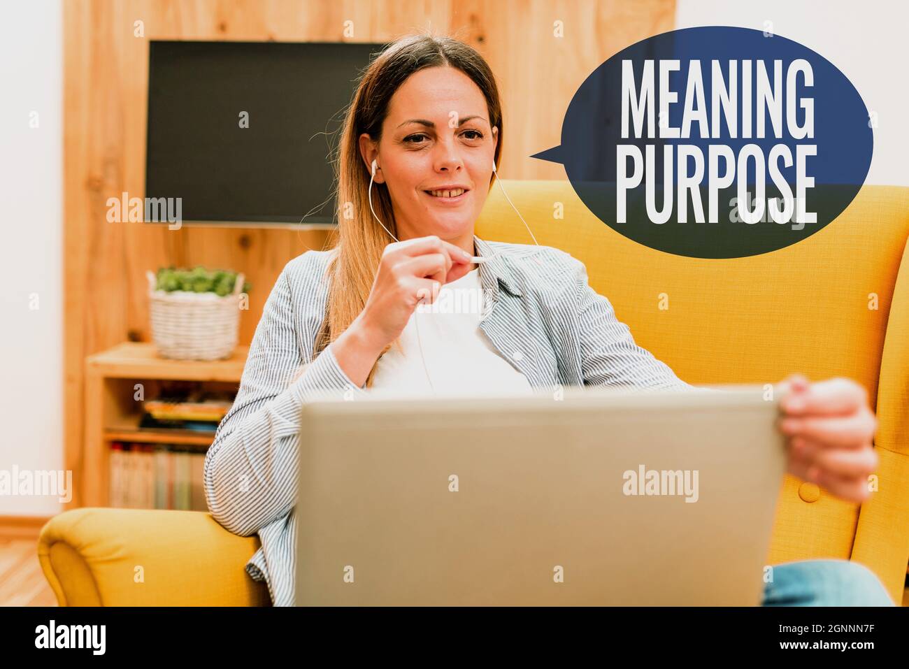 Text caption presenting Meaning Purpose. Word for The reason for which something is done or created and exists Watching Online Lessons, Reading Stock Photo