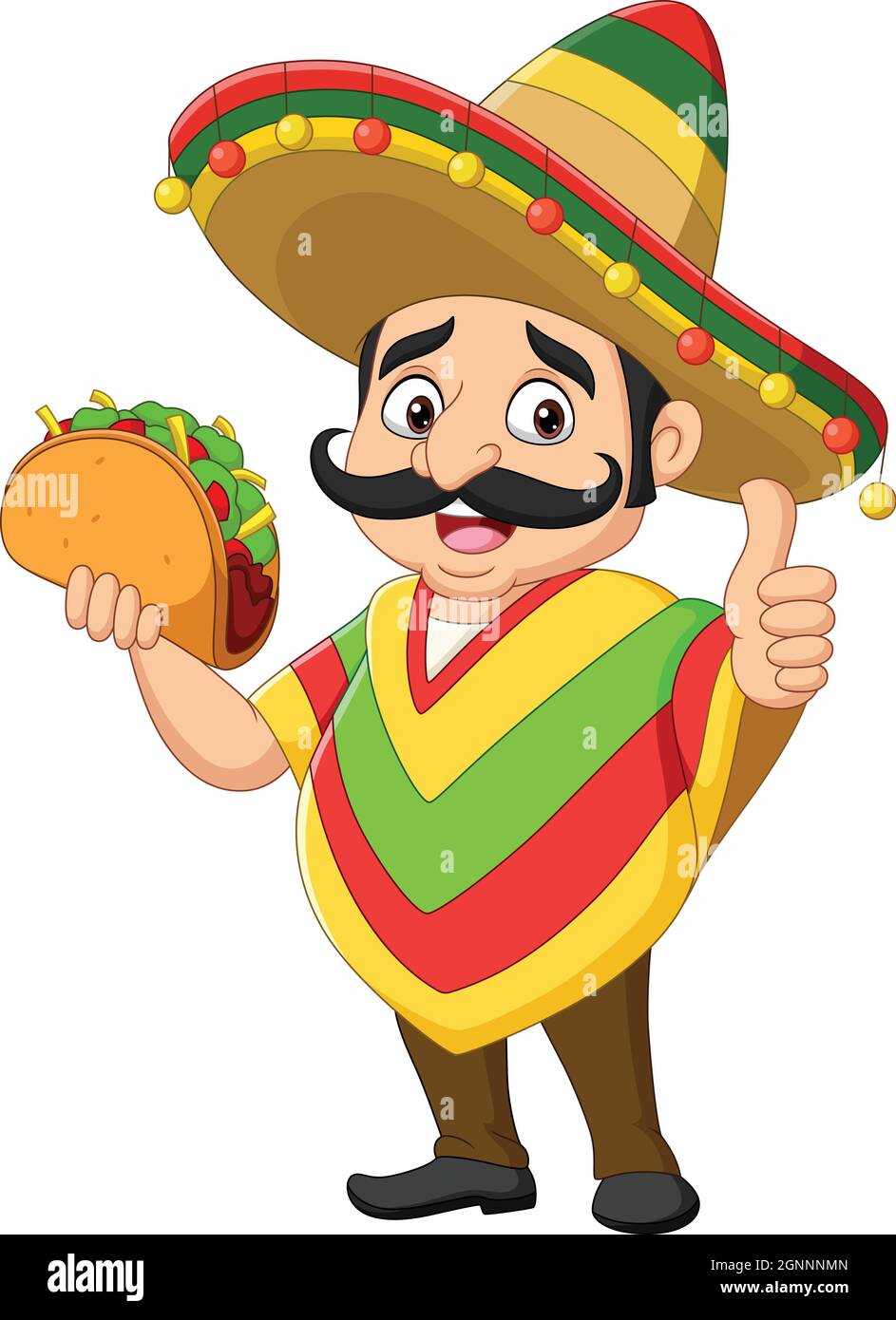 Cartoon mexican man holding taco and giving thumb up Stock Vector