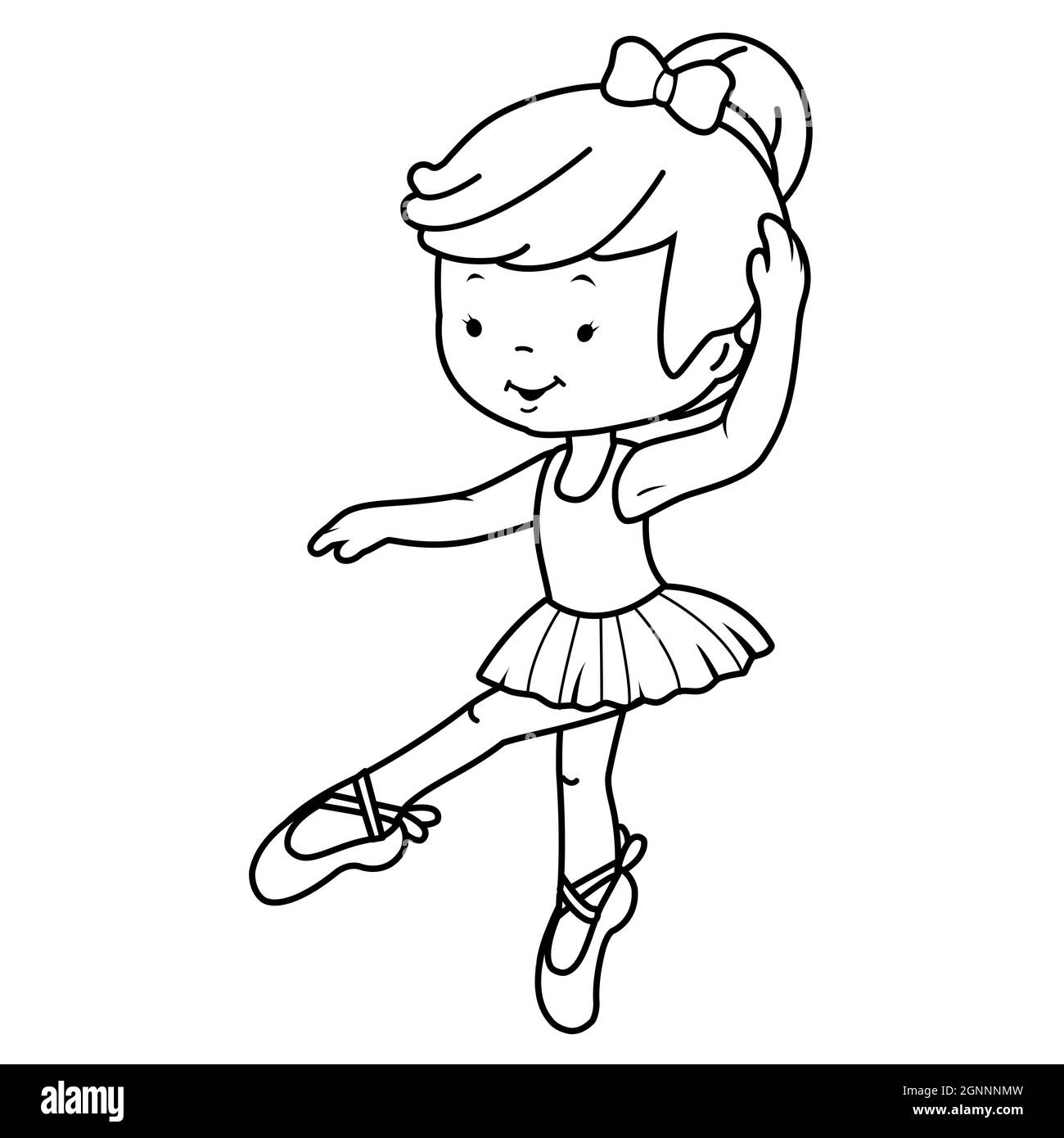 A cute ballerina dancer girl. Black and white coloring page. Stock Photo