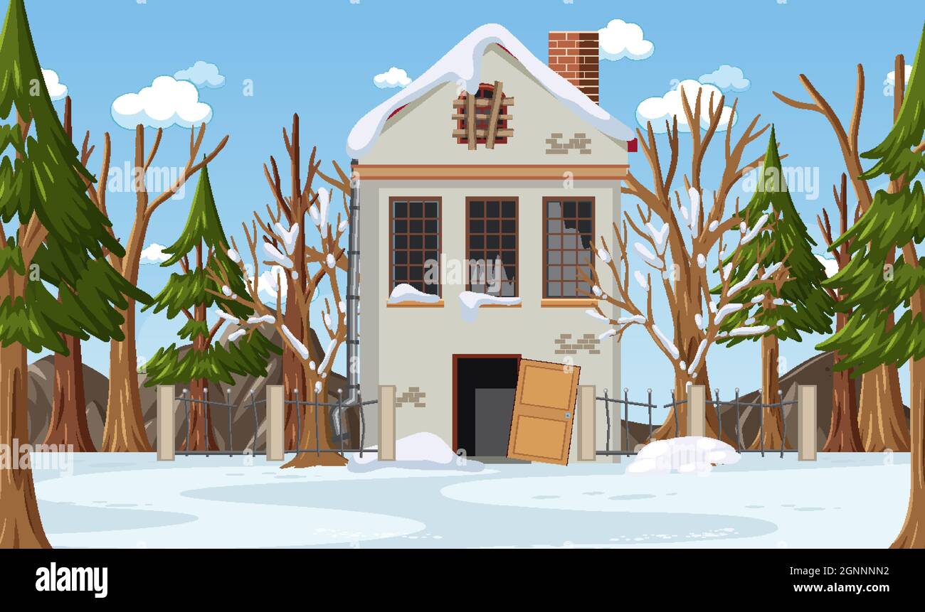 Winter season with abandoned house at daytime illustration Stock Vector