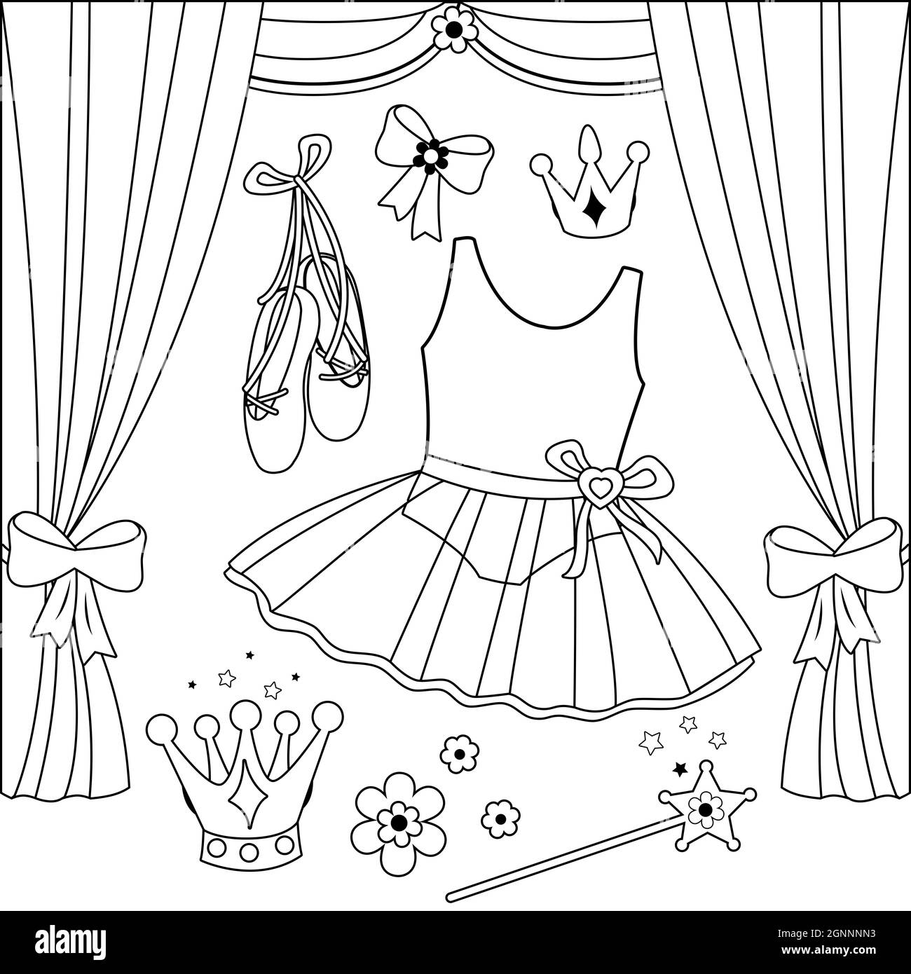 Ballet stage and dance accessories. Black and white coloring page. Stock Photo