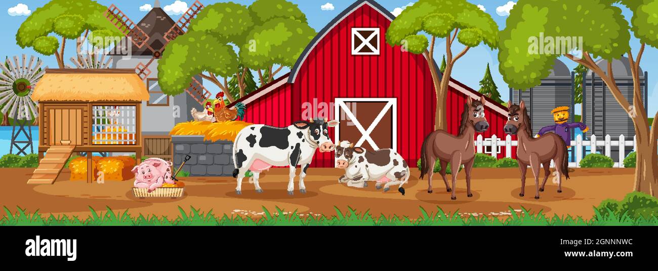 Farm horizontal landscape scene with farm animals illustration Stock ...
