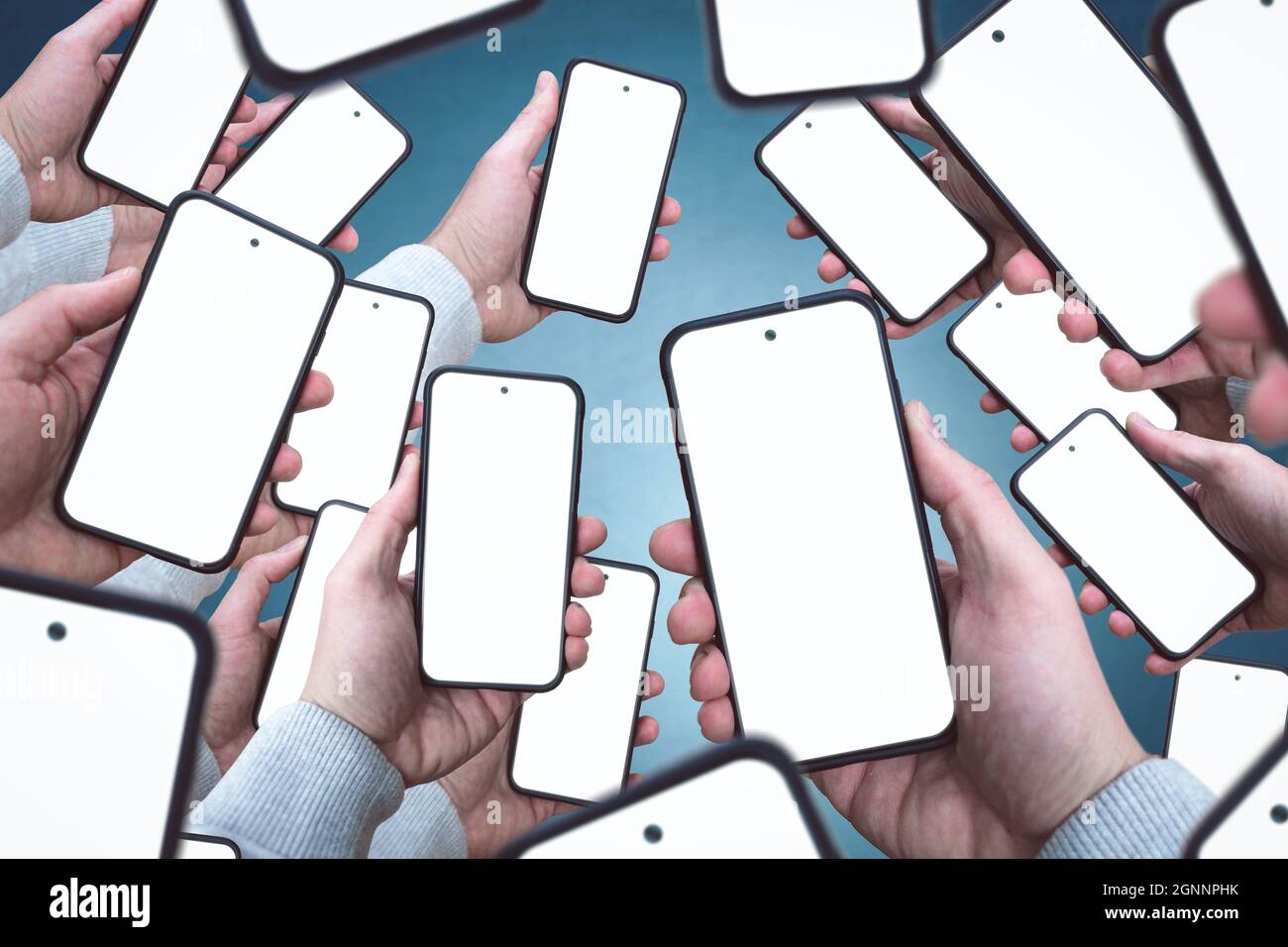 Excessive number of smartphones with blank screens Stock Photo