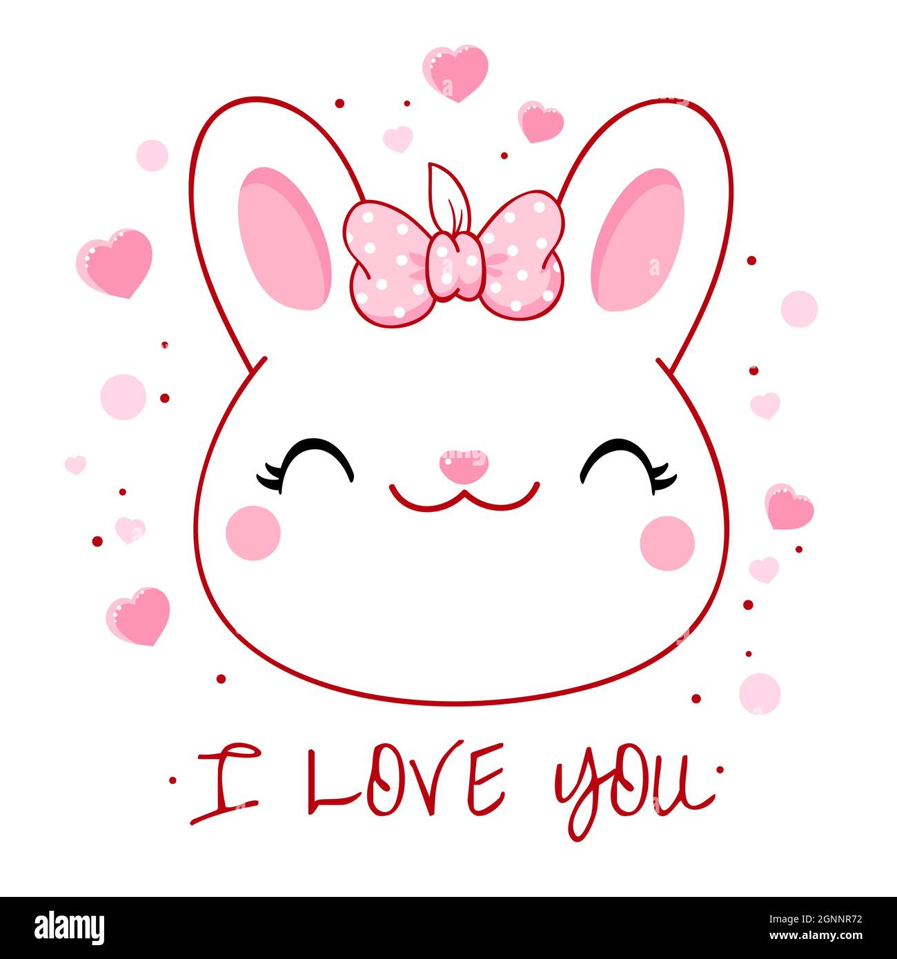 Cute Valentine card in kawaii style. Lovely bunny with pink bow and hearts. Inscription I love you. Can be used for t-shirt print, stickers, greeting Stock Vector