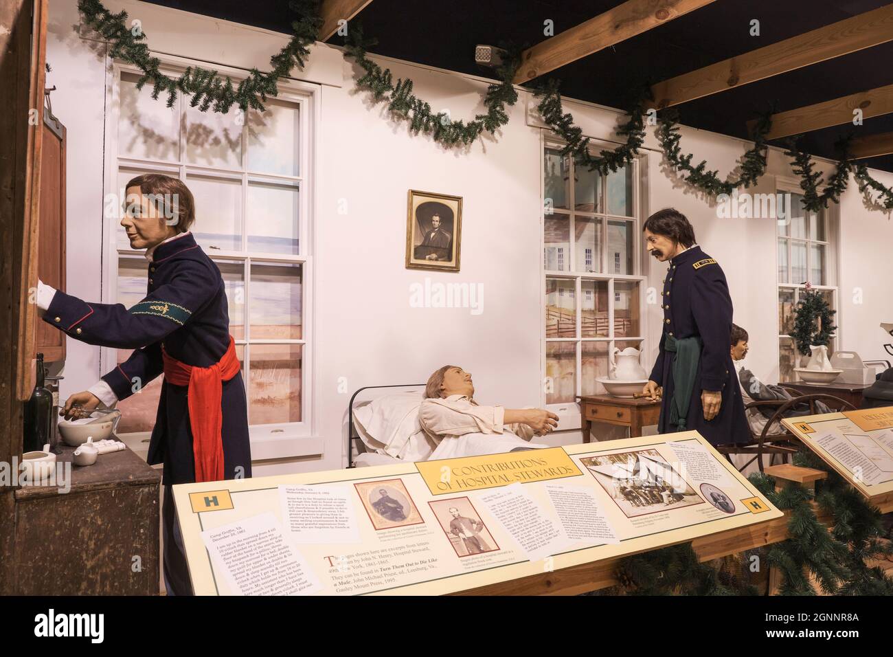 Selecting drugs at a soldier hospital. At the National Civil War Medicine Museum in Frederick, Maryland. Stock Photo