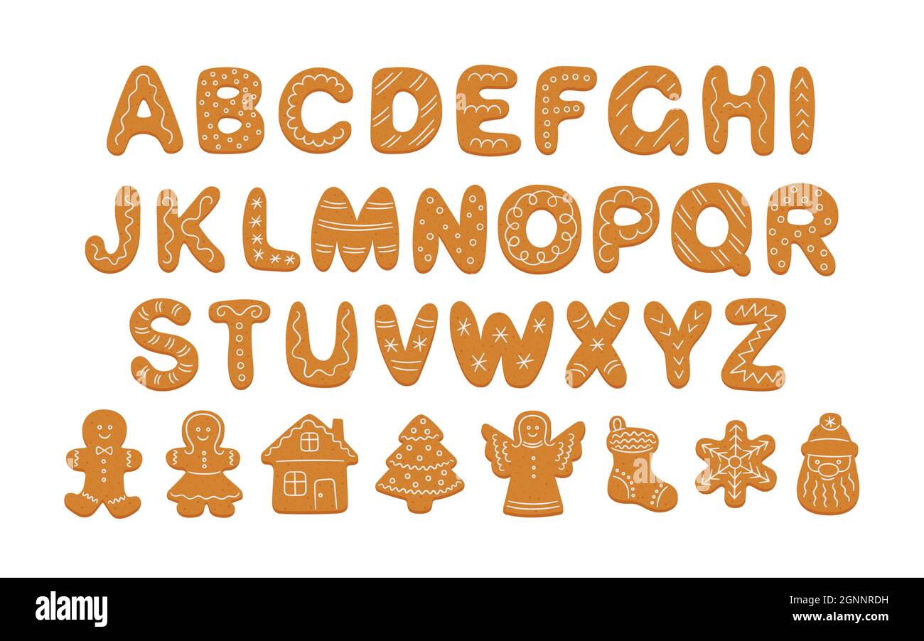 Alphabet of gingerbread cookies and decorated cookie shapes. Cartoon alphabet for Christmas New Year. Gingerbread man, woman, house, tree. Hand drawn Stock Vector