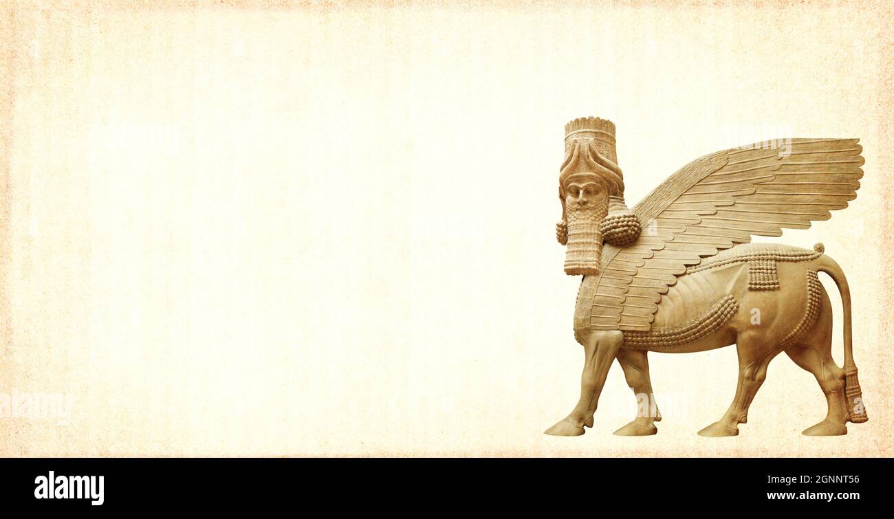 Grunge background with paper texture and lamassu - human-headed winged bull. Horizontal banner with assyrian protective deity. Copy space for text. Mo Stock Photo