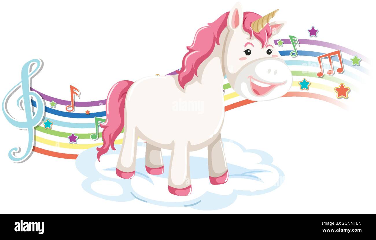 Cute unicorn standing on the cloud with melody symbols on rainbow ...