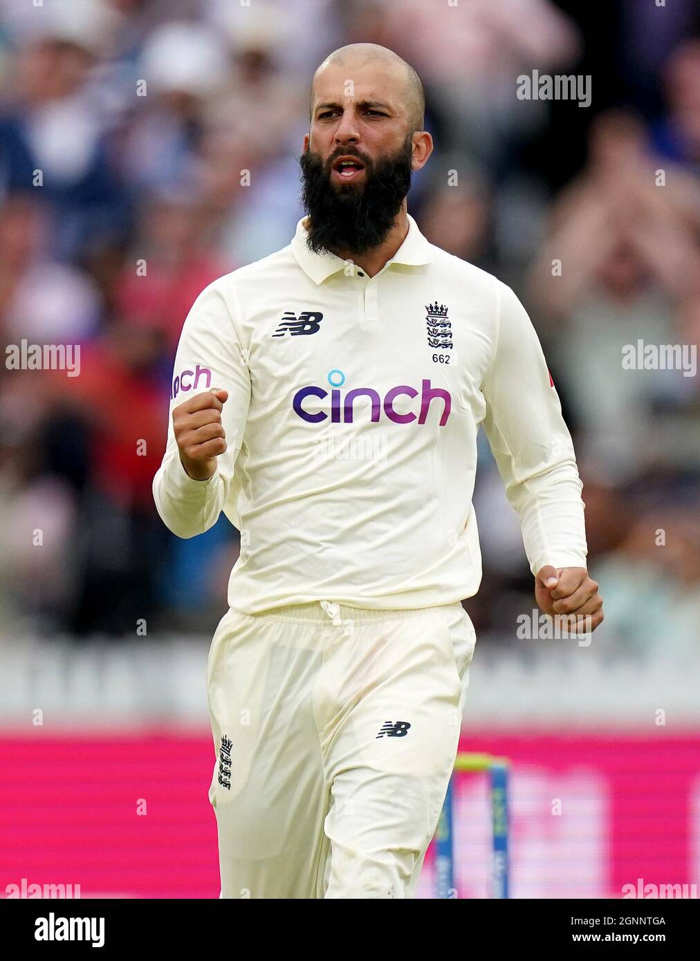 File photo dated 15-08-2021 of England’s Moeen Ali celebrates taking the wicket of Ajinkya Rahane during day four of the cinch Second Test match at Lord's, London. Issue date: Monday September 27, 2021. Stock Photo